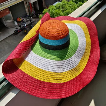  Радужная полосатая шляпа с большими полями, солнцезащитный козырек от ультрафиолета, пляжная шляпа от солнца с проволочным краем, которую можно складывать произвольно