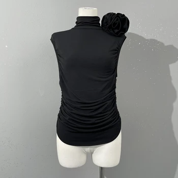  2023, весенне-летняя женская новая футболка с высоким воротом и рюшами, летняя одежда y2k, топ с длинными рукавами и пряным цветочным рисунком, женский топ с высокой эластичностью