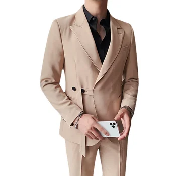  (Куртка + брюки) Модный бутик, однотонный мужской повседневный костюм, комплект из двух предметов, банкетное свадебное платье, праздничный костюм, мужской банкетный костюм