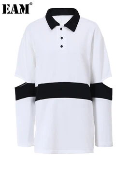  [EAM] Женская Белая Черная Повседневная футболка с цветным блоком Большого размера, Новая Модная футболка с отворотом и длинным рукавом, Весна-Осень 2023 9A543909