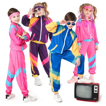  Детский Косплей в стиле Ретро 70-х 80-х годов, Костюм Диско-хиппи для мальчиков и Девочек, Сценическое представление, Танцевальный Спортивный костюм в стиле Хип-Хоп, Синий, Розовый, Фиолетовый