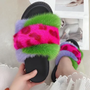  Трехцветные Меховые тапочки на шнуровке, Женские Роскошные норковые тапочки на толстой подошве, дизайнерские модные тапочки
