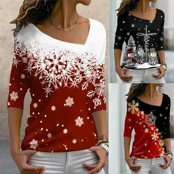  Женская новая рубашка-пуловер с диагональным воротником и длинными рукавами с принтом рождественского элемента, женская футболка, весенне-осенние женские топы, леди