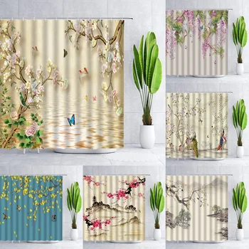  Набор занавесок для душа с цветами, птицами и бабочками, весенний пейзаж в китайском стиле, ткань для декора ванной комнаты, занавески для домашнего экрана с крючком