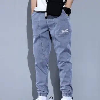  Прямая поставка!! Мужские джинсы, однотонные весенние джинсовые брюки с эластичной резинкой на талии и завязками на щиколотках