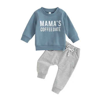  Детский весенний комплект из 2 предметов, милая толстовка с длинными рукавами и штанами с буквенным принтом для новорожденных, осенняя одежда