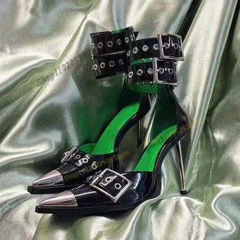  Черные Туфли-лодочки с заклепками и декором в стиле панк, Острый Носок, Ремешок с пряжкой, Женская обувь на тонком Каблуке, Высокое Качество, 2023, Модные, Пикантные Zapatillas Mujer