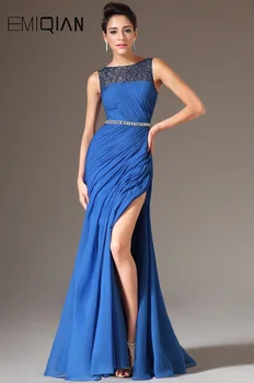  Новое синее кружевное платье с круглым вырезом и блестками, вечернее платье с высоким разрезом