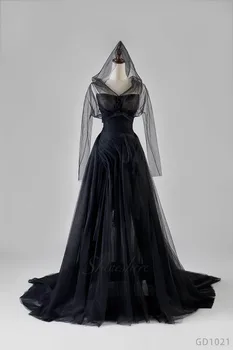  Черное свадебное платье Jusere, сексуальное вечернее платье, раздельное свадебное платье со стреловидным шлейфом, платье трапециевидной формы со шляпой