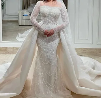  Изысканное Свадебное платье С Длинными рукавами Бато, блестящие пайетки, Жемчуг, расшитое 3D кружевом, Со съемным шлейфом, Свадебные платья Vestido De Novia