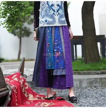  2023 китайский национальный стиль, хлопчатобумажная льняная юбка с цветочной вышивкой, женская традиционная китайская ретро повседневная юбка с сращиванием