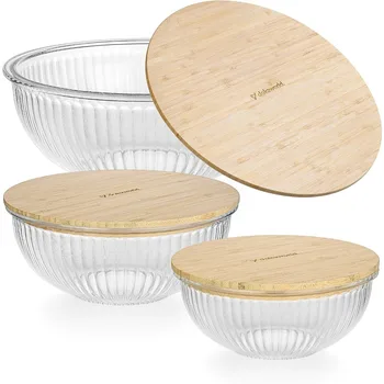  Штабелируемые стеклянные контейнеры для микроволновой печи - Бамбуковые мисочки для смешивания салатов - Набор стеклянных мисок для выпечки для кухни