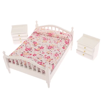  1: 12 КУКОЛЬНЫЙ домик миниатюрная мебель миниатюрный Прикроватный столик шкаф маленькая цветочная сцена в спальне белая двуспальная кровать игрушки