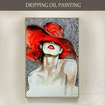  Профессиональный художник, ручная роспись абстрактной фигуры Леди в красной шляпе, картина маслом на холсте, Сексуальная леди, картина маслом для декора стен