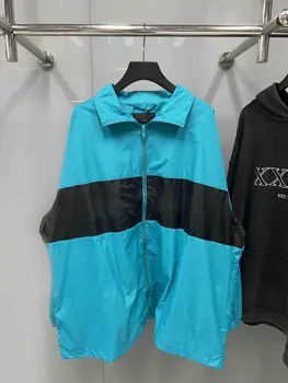  Роскошная цветная блокирующая Женская Мужская куртка на молнии, Ветровка, Негабаритная мужская повседневная куртка, водонепроницаемая