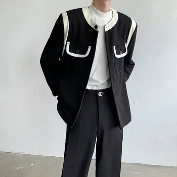  Осенняя Черная куртка Для мужчин, Модная повседневная куртка с круглым вырезом, мужская Уличная одежда, Корейское Свободное короткое пальто, Мужские куртки M-XL
