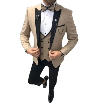  Бежевый свадебный смокинг для Жениха из 3 предметов, Приталенный Классический мужской костюм с двубортным жилетом, мужская модная куртка, брюки