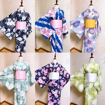  Женское Японское традиционное Кимоно с цветочным принтом Obi, официальный костюм Юката для Косплея, платье для фотосъемки
