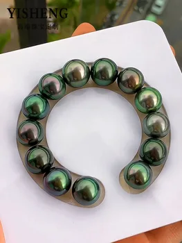  Черный жемчуг Таити, зеленый Павлин, натуральный цвет Морской воды, 12-14 мм, черно-зеленый Браслет, круглый и минимально безупречный подарок
