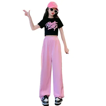  Повседневный костюм из 2 предметов для девочек, Летний Детский укороченный топ с коротким рукавом + Свободные розовые брюки, Детская спортивная одежда, комплект одежды для подростков