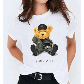  Лидер продаж, футболка с короткими рукавами и принтом озорного медведя, Женский топ, модная Повседневная футболка с круглым вырезом для девочек, мальчиков и детей