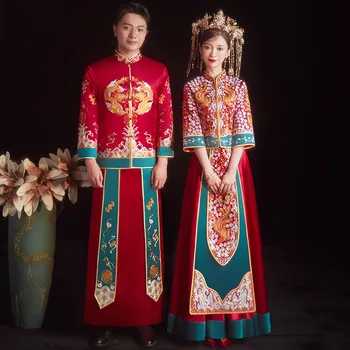  Изысканная Вышивка, Атласный Воротник-стойка, Свадебный Чонсам, Элегантное Свадебное Платье для китайской Пары Свадебное платье