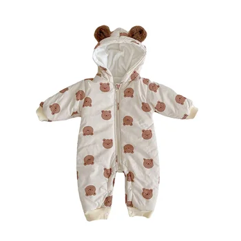  Зимняя одежда для маленьких мальчиков 2023 года, Комбинезон с капюшоном с принтом Медведя, Флисовый комбинезон для Новорожденных Девочек, Милый Наряд в Корейском стиле для младенцев