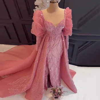  X Роскошное Дубайское розовое вечернее платье с верхней юбкой для женщин, Свадебная вечеринка, Элегантные мусульманские вечерние платья с длинным рукавом для выпускного вечера