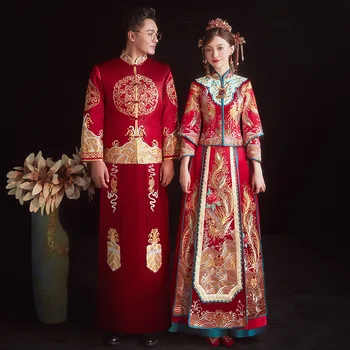  Влюбленные Новое Свадебное платье В Китайском стиле Свадебный комплект С вышивкой Невеста, Костюм Жениха, Винтажная одежда для тостов Чонсам