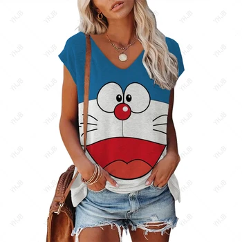  Женская футболка, Летние топы с принтом Doraemon, футболки, Повседневная блузка с V-образным вырезом, Женские пуловеры оверсайз, Минималистичная одежда для девочек