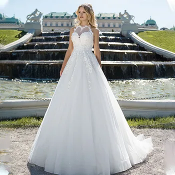  Тюлевое платье длиной до пола, белые Свадебные платья Трапециевидной формы, кружевной вырез, отрезная спина, свадебные платья на заказ
