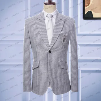  2023 Модный Новый Мужской летний повседневный льняной костюм Серого, белого цвета в вертикальную полоску, деловое платье, Свадебный пиджак для жениха, Блейзеры, пальто