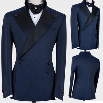  Мужской повседневный темно-синий приталенный официальный двубортный костюм, блейзер, пальто, пиджак, топы, мужские свадебные смокинги, костюмы, блейзер Masculino