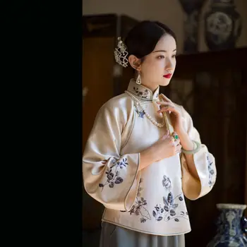  Женская винтажная атласная рубашка с воротником-стойкой и цветочным принтом, большие рукава, Китайские традиционные топы Ципао, Одежда в восточном стиле, блузка