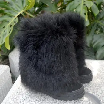  Зимние утепленные Черные Замшевые ботинки на меху из шерсти с круглым носком, увеличивающие рост 100 мм, Сапоги до середины икры на танкетке, Женские короткие зимние ботинки без застежки