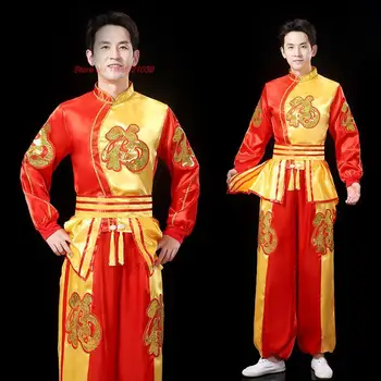  2023 китайский национальный танец льва, танец дракона, танцевальная одежда, карнавальный фестиваль, командная одежда для выступлений на сцене, ретро топы + комплект брюк