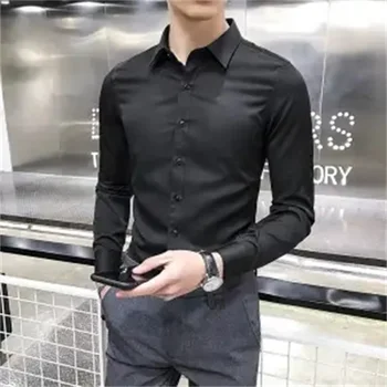  Весенне-осенняя мужская однотонная рубашка с длинными рукавами, повседневная одежда серого и белого цветов, облегающая рубашка на основе леггинсов, мужская одежда