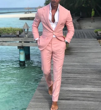  Новейший летний пляжный мужской костюм розового цвета - Приталенный Лучший мужской костюм жениха из 2 предметов для свадьбы и бала
