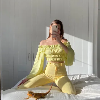  2023 Весенне-осенние Желтые Односложные Укороченные женские топы с оборками, Сексуальный Темперамент, Женская мода