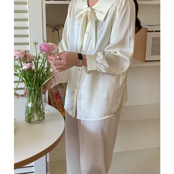  2023 Новое поступление, весенне-осенняя пижама из шелка Льда с бантом во французском стиле, Женская верхняя одежда во французском стиле с длинными рукавами для дома
