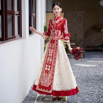  Китайское Традиционное Женское Свадебное платье с блестками, бисером, кисточками, вышивка Чонсам, Восточная одежда для тостов, Vestido