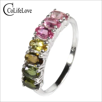  Модное радужное кольцо, 7 цветов, натуральное турмалиновое серебряное кольцо, твердое серебро 925 пробы, турмалиновое кольцо, романтический подарок на день рождения для девочки