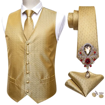  5 шт. Barry.Wang Design Золотой однотонный свадебный жилет для мужчин, костюмный жилет, шелковый галстук, Запонки, броши, набор, официальный жилет, жилет
