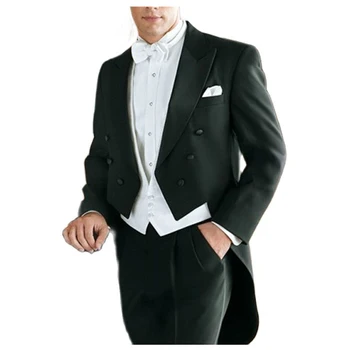  Свадебный фрак Жениха из 3 предметов для вечеринки Жениха, мужские костюмы на заказ, Черная куртка, Брюки с белым жилетом, мужской модный костюм
