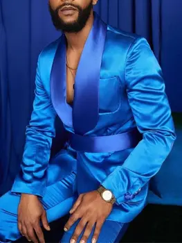  Модный мужской комплект, синие костюмы на одной пуговице, приталенный комплект из двух предметов (куртка + брюки), Торжественное свадебное платье, костюм для выпускного вечера, блейзер, брюки