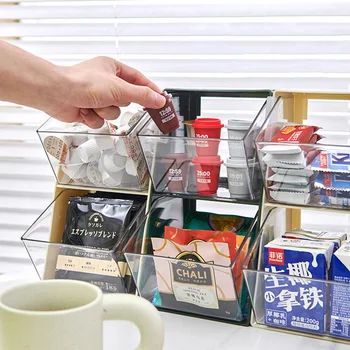  Ящик для хранения чайных пакетиков Выдвижного типа Настольный двухслойный для кофе, молока, закусок, пылезащитный прозрачный стеллаж для хранения, Контейнер для кофе и сахара