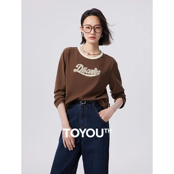  Toyouth, женские футболки, Осень 2023, Контрастная Свободная футболка с круглым вырезом и длинными рукавами, Модные повседневные бежевые кофейные топы