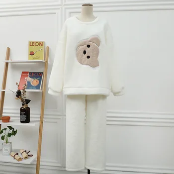  Пижама для женщин, Зимняя Милая домашняя одежда из кораллового флиса, теплый и удобный Свободный пижамный костюм