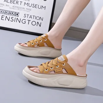  Летние повседневные кожаные тапочки на шнуровке, Роскошные дизайнерские Zapatos на платформе, корейская модная женская обувь, нескользящие сандалии с открытым носком