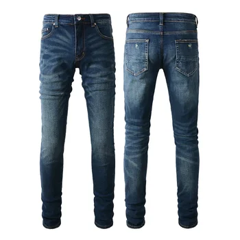  AM Роскошные Брендовые мужские Синие джинсы в стиле ретро, Рваные Модные Стрейчевые Узкие брюки, Высококачественные Универсальные обтягивающие джинсовые мужские брюки
